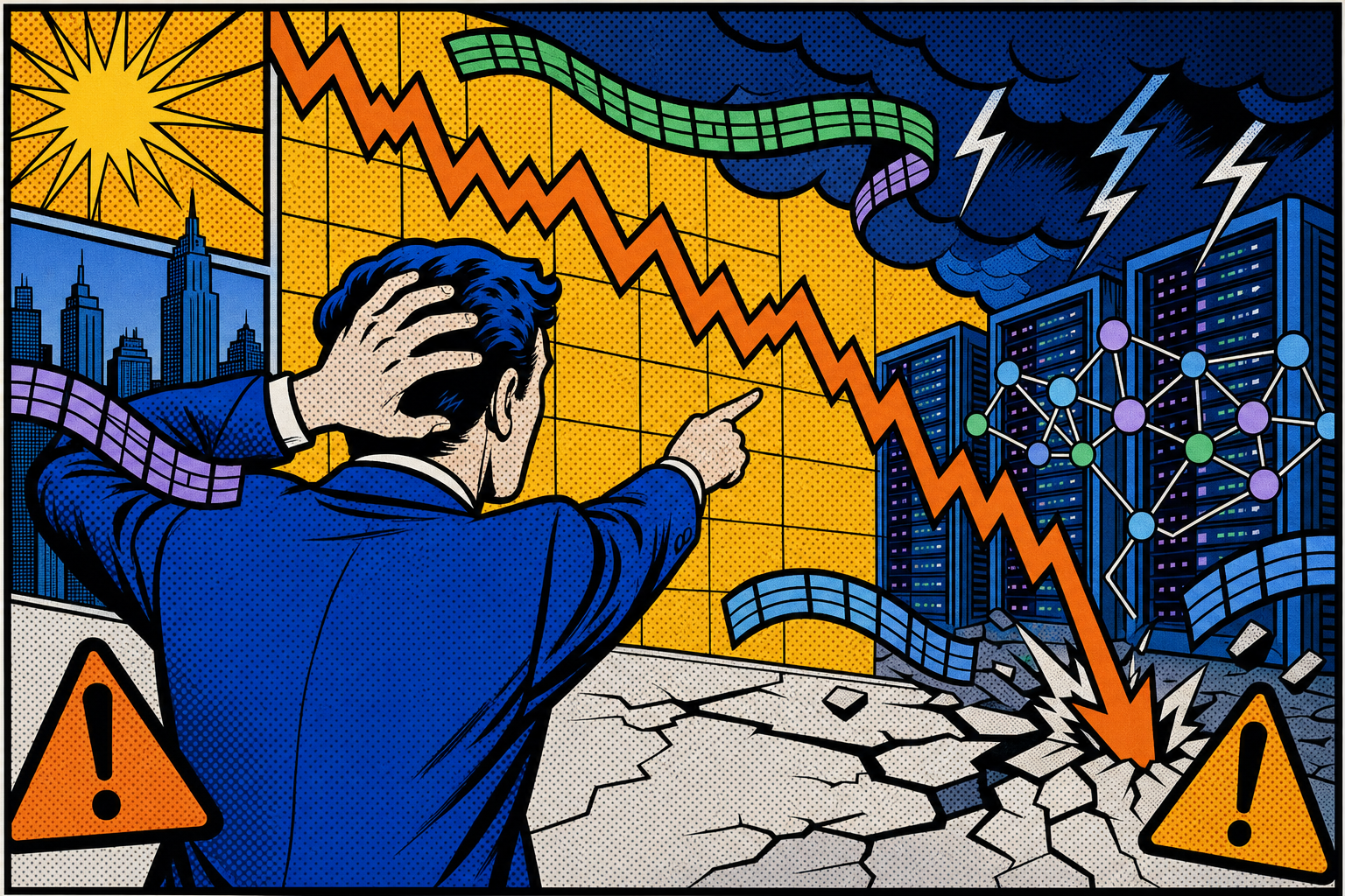 Pop Art comic-panel illustration in Lichtenstein style — figure in shock pointing at crashing zigzag chart arrow, Ben-Day dot background