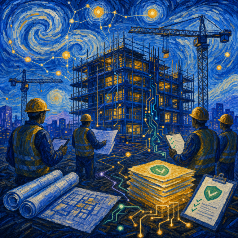 Van Gogh Starry-Night-style nighttime construction site with hard-hat workers reviewing blueprints, swirling sky with AI star-nodes, cranes silhouetted against the night, glowing permit-document stack in the foreground.