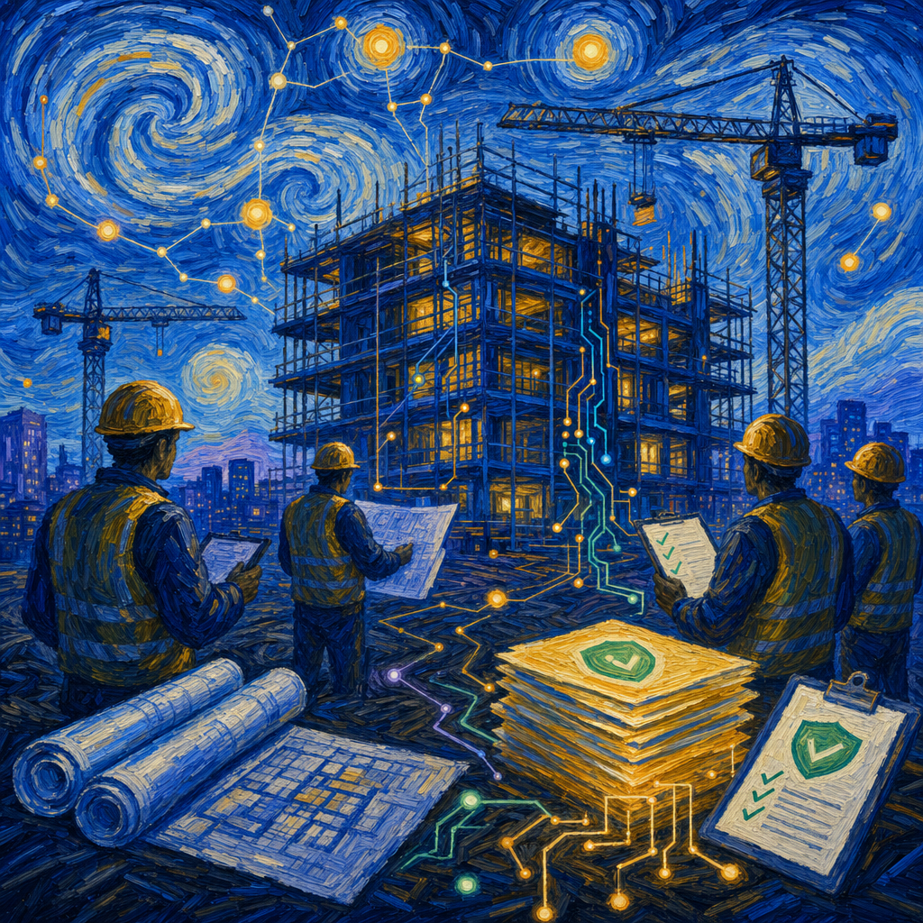 Van Gogh Starry-Night-style nighttime construction site with hard-hat workers reviewing blueprints, swirling sky with AI star-nodes, cranes silhouetted against the night, glowing permit-document stack in the foreground.