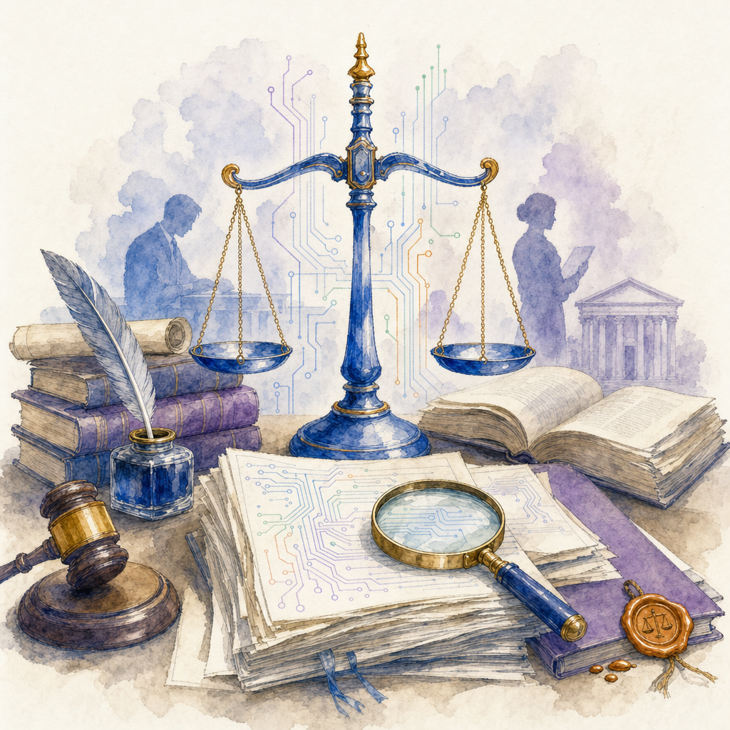 Watercolor still-life of an attorney desk: scales of justice centered, surrounded by quill, contract documents, law books, gavel, wax seal, magnifying-glass, with subtle AI circuitry braided through the parchment. Rendered in Dürer Young Hare style.