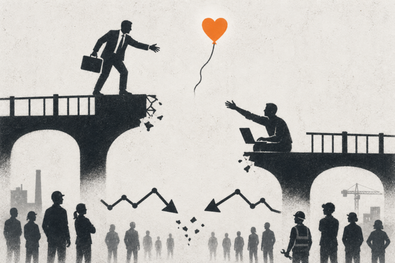 Street art stencil style — crumbling bridge split at centre, suited executive left, practitioner right, amber balloon rising between