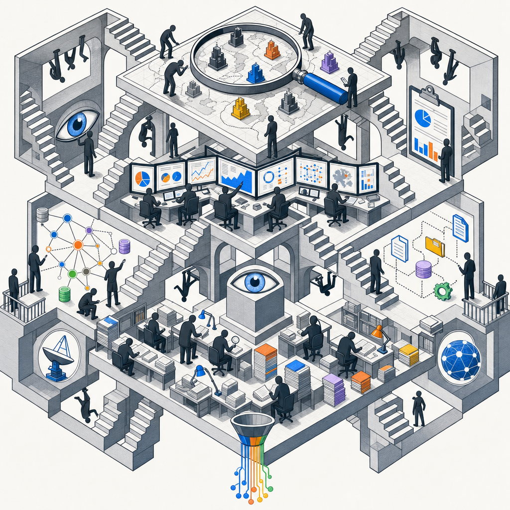 Isometric multi-floor observation deck with analysts, dashboards, magnifying-glass over competitor map, network-node room, central eye motif.