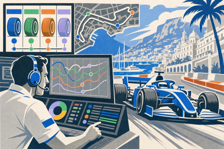 Vintage Monaco Grand Prix racing poster style illustration of an F1 race engineer at the pit wall with telemetry screens, open-wheel racing car at speed, lap charts and circuit map
