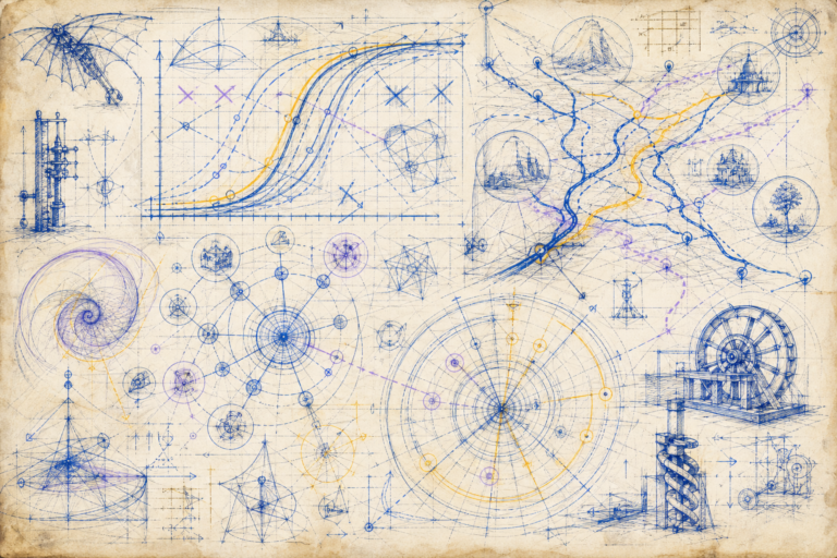 Blueprint technical illustration style — AI strategy lifecycle rendered as engineering schematic