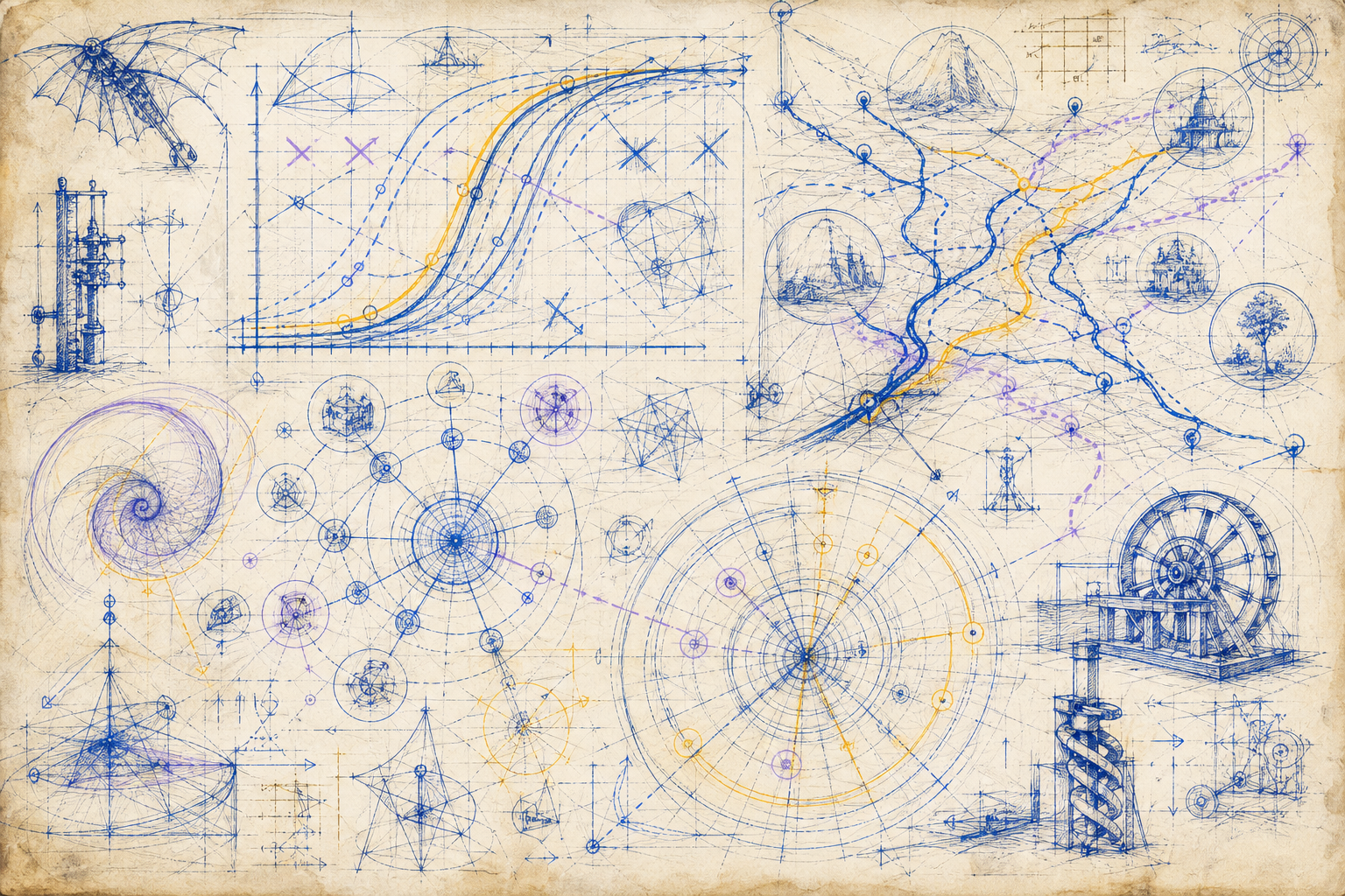 Blueprint technical illustration style — AI strategy lifecycle rendered as engineering schematic