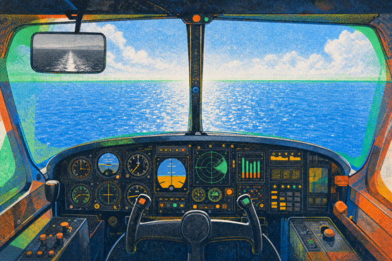 Risograph cockpit illustration — blue ocean horizon ahead, amber instrument panel, grey wake in rear-view mirror