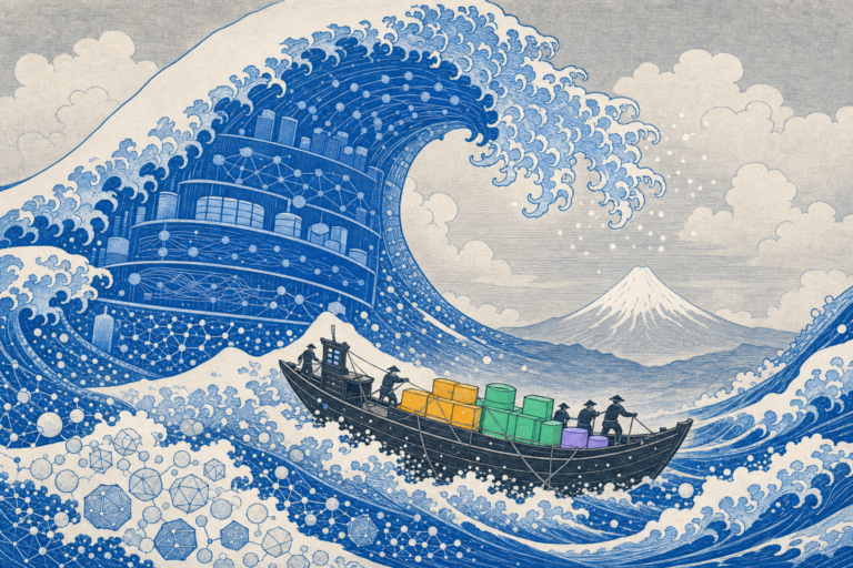 Woodblock wave illustration of rising frontier AI costs bearing down on enterprises navigating with a model routing portfolio, after Hokusai