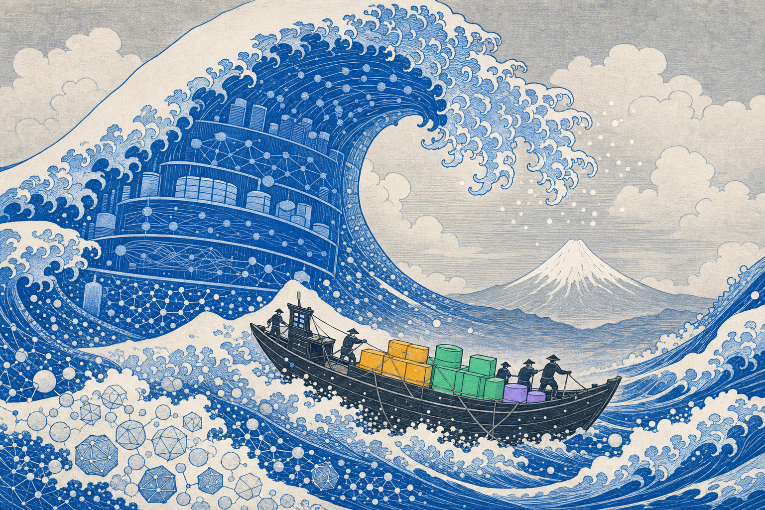 Woodblock wave illustration of rising frontier AI costs bearing down on enterprises navigating with a model routing portfolio, after Hokusai