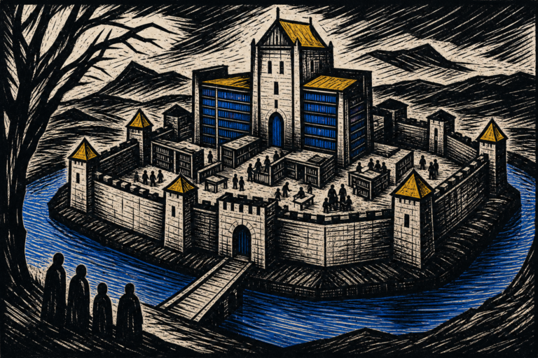 Woodcut print in Dürer style — medieval fortress surrounded by a luminous amber moat, three figures watching from the exterior bank