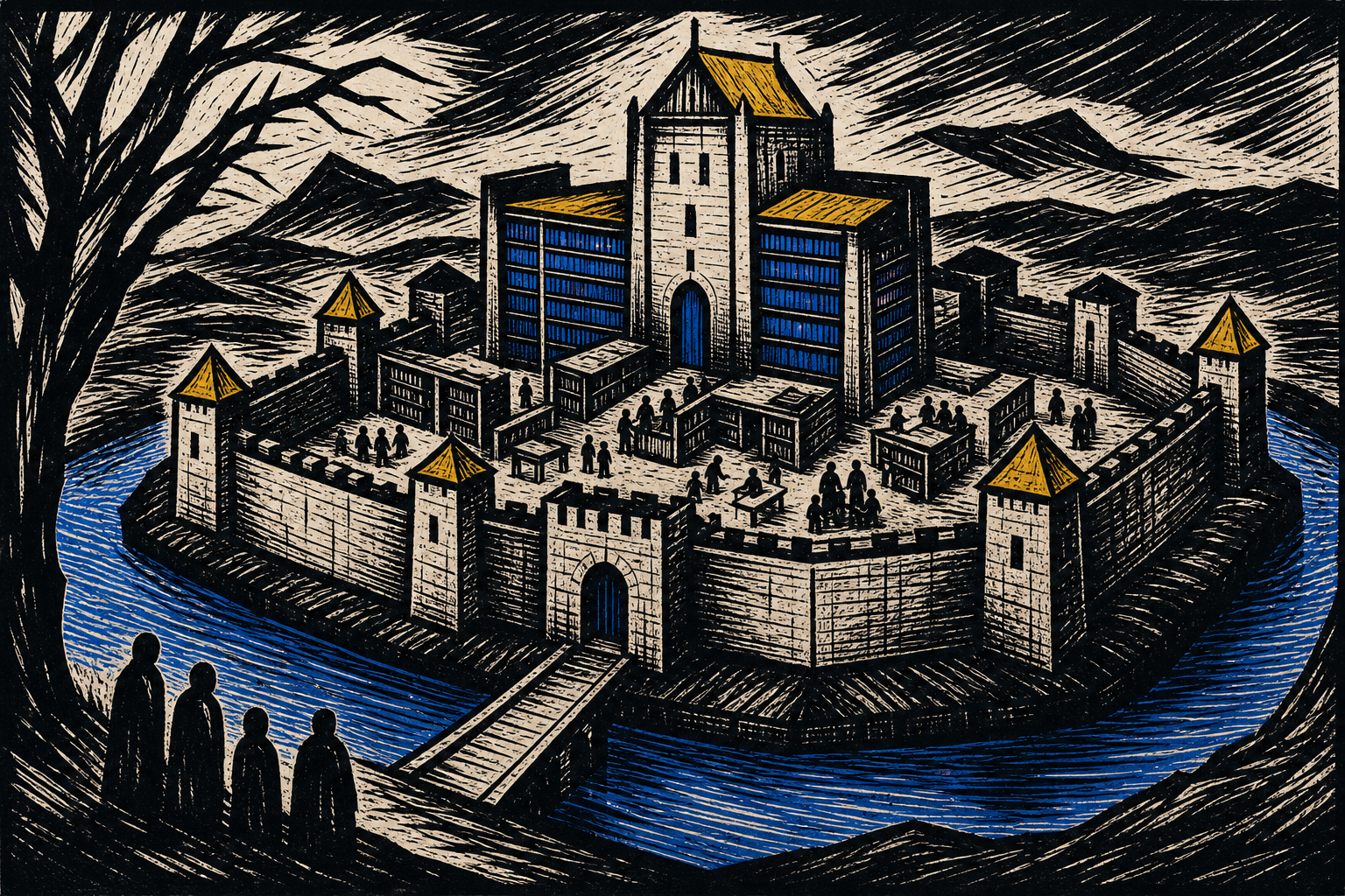 Woodcut print in Dürer style — medieval fortress surrounded by a luminous amber moat, three figures watching from the exterior bank