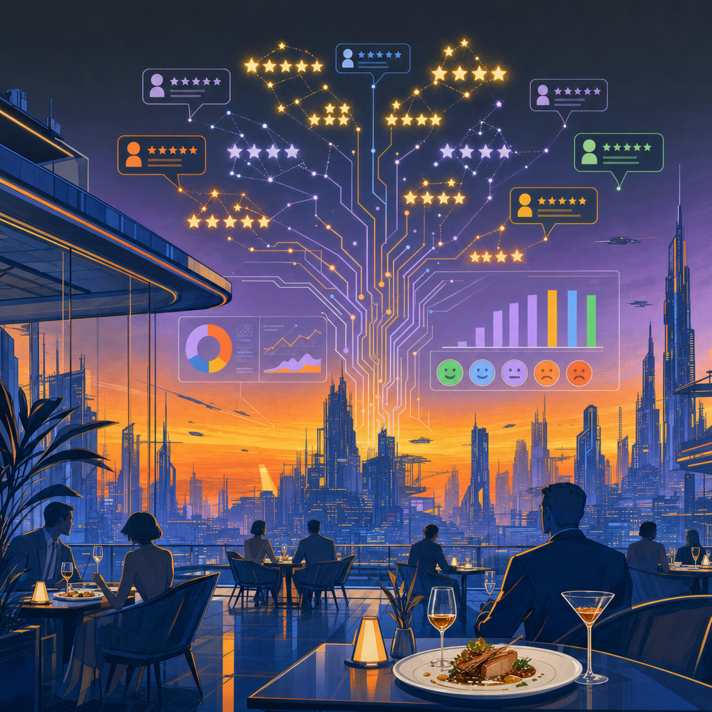 Synthwave / Syd Mead-style rooftop restaurant terrace with diners at tables, sunset gradient sky, glowing star-rating constellations and speech-bubble review chips floating across the city skyline, AI/circuitry patterns weaving through.