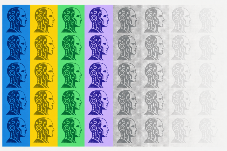 Pop Art silkscreen grid of AI agent icons in the style of Warhol's Marilyn Diptych — vivid production agents left, fading grey pilots right