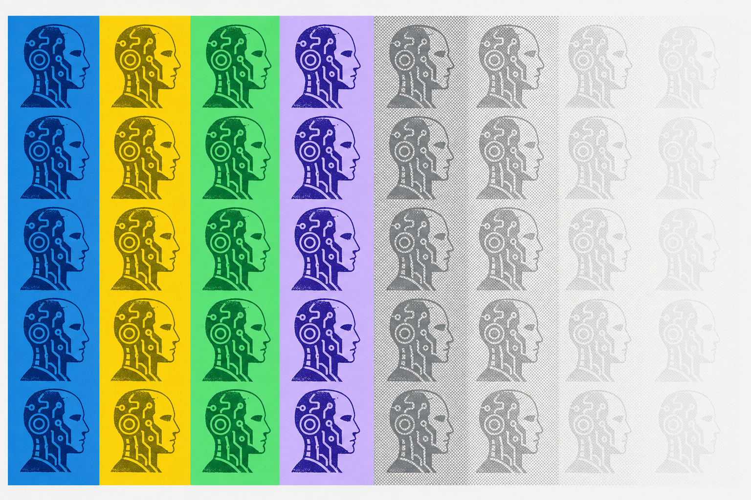 Pop Art silkscreen grid of AI agent icons in the style of Warhol's Marilyn Diptych — vivid production agents left, fading grey pilots right